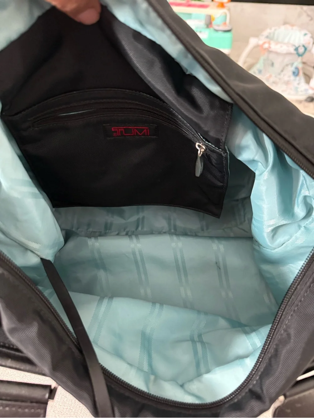 Tumi Black Nylon Bag Multiple Pockets Blue Lining Leather Handles